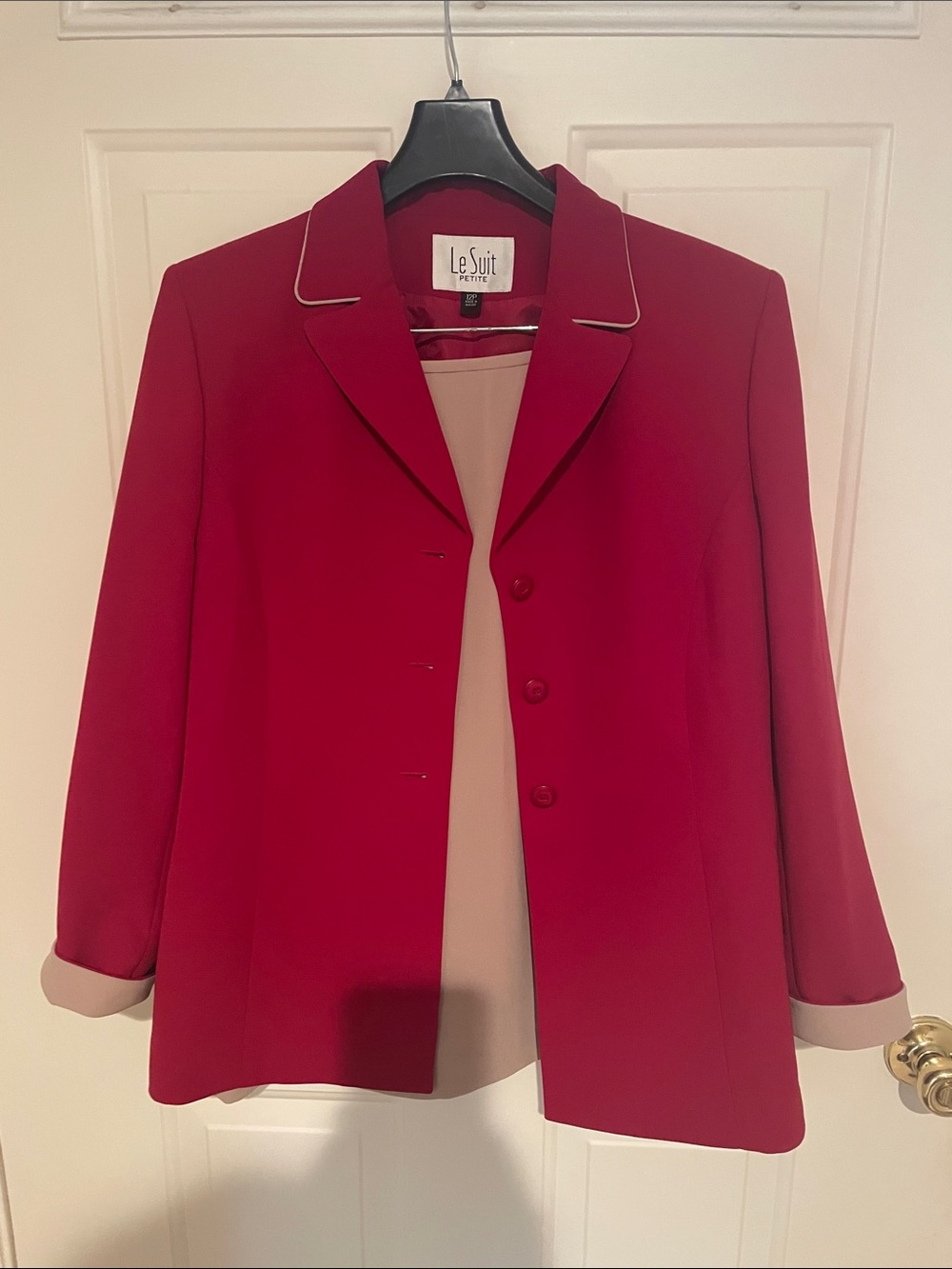 Le Suit Red Blazer with Tan Trim